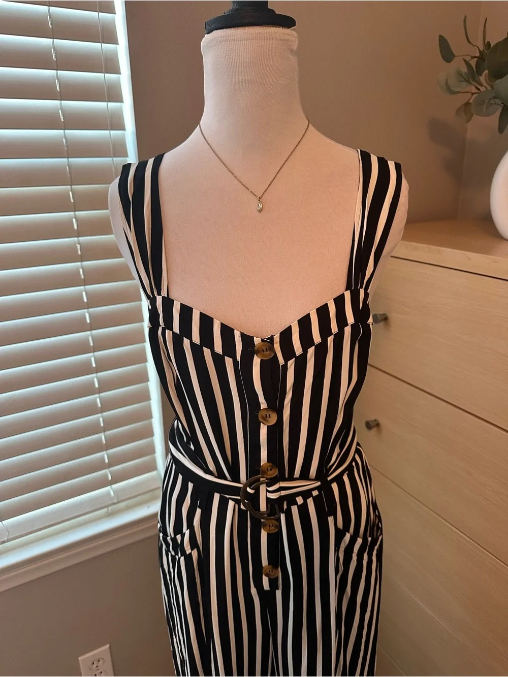 Free People Black and White Striped Sleeveless Jumpsuit with Waist Tie